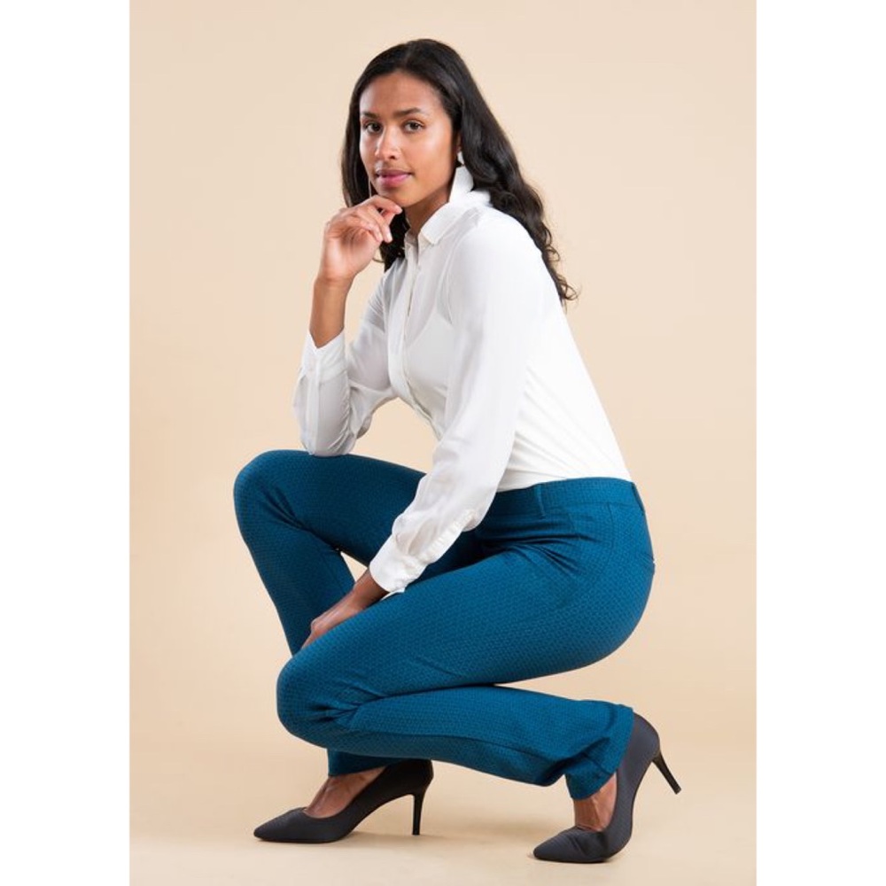Betabrand Yoga Blue Geode Patterned Dress Pants